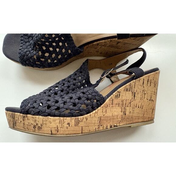 JellyPop Wedge Sandals Adelie Navy Blue Size 10 Slingback Crochet Open Toe Cork - Picture 3 of 6